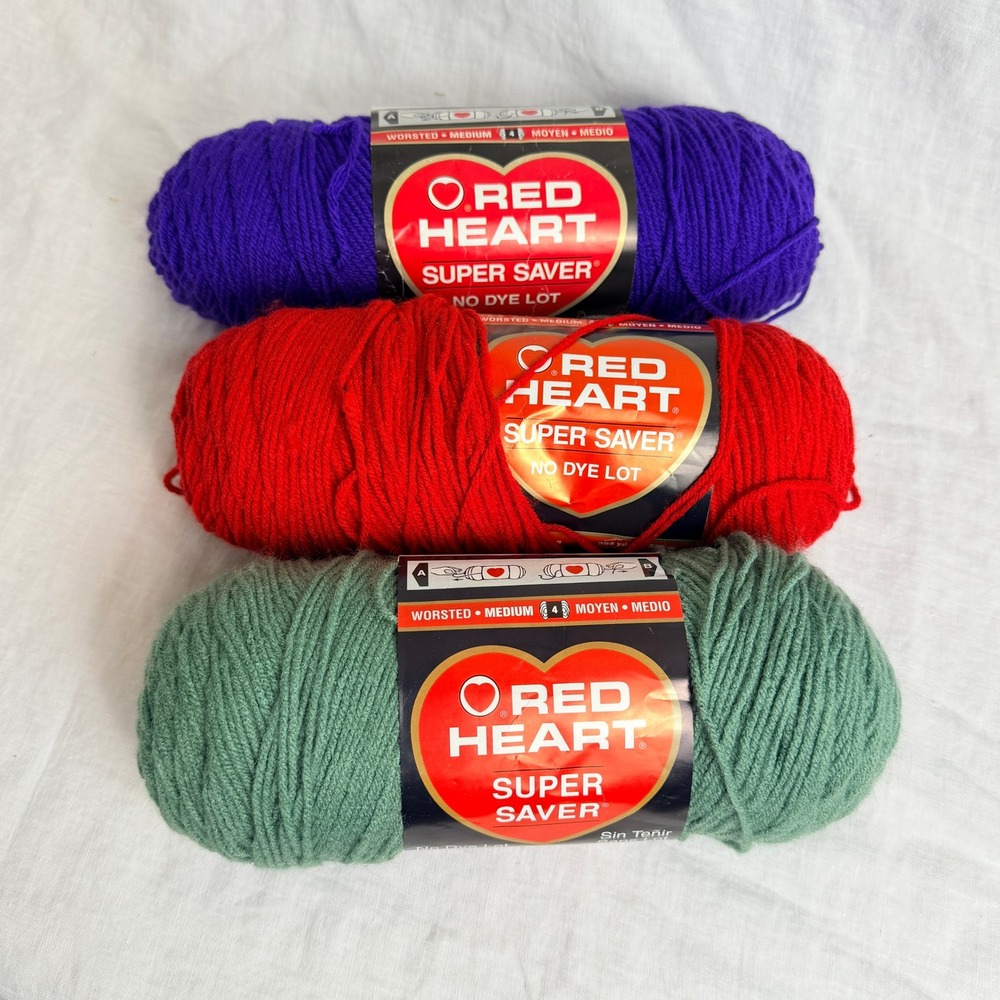 Lot of 3 Red Heart Super Saver Yarn Skeins Amethyst Cherry Red Lt Sage Worsted